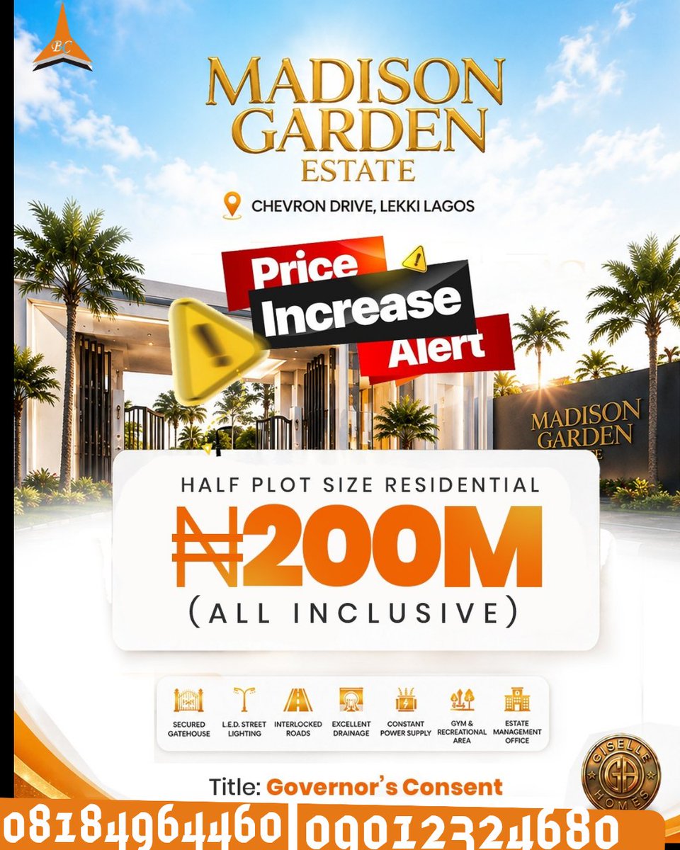 BELKALID's tweet photo. MADISON GARDEN ESTATE, CHEVRON LEKKI ❗️❗️❗️

BUY AND BUILD LAND WITH INSTANT ALLOCATION

Chevron isn’t just a name. It’s one of Lekki’s most sought-after  corridors, buzzing with residential estates, corporate offices, and nonstop retail activity. 

That’s why Madison Garden Estate  is positioned at the center of smart investment.

Title: Governor’s Consent and solid infrastructure, and ongoing development, this estate is built to deliver value not empty land.

📍 Chevron, Lekki

 Land & Prices:

 324sqm – ₦200,000,000
 648sqm – ₦370,000,000
 Initial Deposit: 50%

Commercial Plot:₦490,000,000

Payment Plan 0 - 3 Months Interest Free

6 Months Payment Plan Interest.

 Estate Features:

 •Paved Road Network
 •Drainage System
 •Street Lights
 •Gated Community
 •Proximity to Key Landmarks
     • Constant and Stable  Power Supply

 Landmarks:

  •Chevron Drive
 •Lekki Conservation Centre
 •Prince Ebeano Supermarket
• Lekki Expressway 
Northern Foreshore Estate
Chevy View Estate
Paradise Estate
Gracefield Island Estate

Whether it’s a your dream home,  investment , or your next income stream, Madison Garden Estate  gives you land that grows with the city. 

Secure your plot today and own tomorrow’s advantage.

Belkalid Consults 
+2348184964460
+2349012324680
https://t.co/wb3q5kxLZW

#Belkalid 
#RealEstate 
#BelkalidConsults 
#nigeriansindiaspora 
#PropertyInvestment 
#nigeria #Lagos