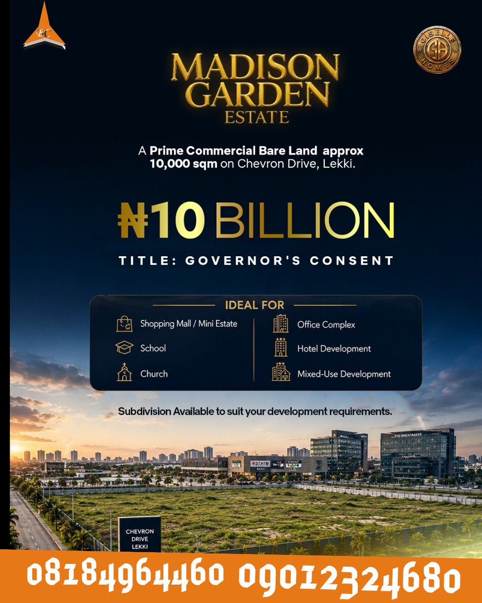 BELKALID's tweet photo. MADISON GARDEN ESTATE, CHEVRON LEKKI ❗️❗️❗️

BUY AND BUILD LAND WITH INSTANT ALLOCATION

Chevron isn’t just a name. It’s one of Lekki’s most sought-after  corridors, buzzing with residential estates, corporate offices, and nonstop retail activity. 

That’s why Madison Garden Estate  is positioned at the center of smart investment.

Title: Governor’s Consent and solid infrastructure, and ongoing development, this estate is built to deliver value not empty land.

📍 Chevron, Lekki

 Land & Prices:

 324sqm – ₦200,000,000
 648sqm – ₦370,000,000
 Initial Deposit: 50%

Commercial Plot:₦490,000,000

Payment Plan 0 - 3 Months Interest Free

6 Months Payment Plan Interest.

 Estate Features:

 •Paved Road Network
 •Drainage System
 •Street Lights
 •Gated Community
 •Proximity to Key Landmarks
     • Constant and Stable  Power Supply

 Landmarks:

  •Chevron Drive
 •Lekki Conservation Centre
 •Prince Ebeano Supermarket
• Lekki Expressway 
Northern Foreshore Estate
Chevy View Estate
Paradise Estate
Gracefield Island Estate

Whether it’s a your dream home,  investment , or your next income stream, Madison Garden Estate  gives you land that grows with the city. 

Secure your plot today and own tomorrow’s advantage.

Belkalid Consults 
+2348184964460
+2349012324680
https://t.co/wb3q5kxLZW

#Belkalid 
#RealEstate 
#BelkalidConsults 
#nigeriansindiaspora 
#PropertyInvestment 
#nigeria #Lagos