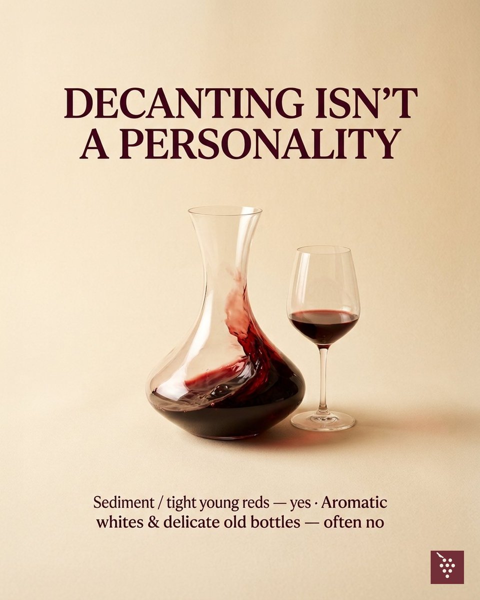VyneWineApp's tweet photo. Decanting isn't a personality.
Sediment or a tight young red? Yes. Aromatic whites, rosé, delicate old bottles? Often leave them alone.

A Somm in your pocket. A wine bible on the shelf.
https://t.co/E2cr3lTQOD
#wine #decanting #winetips https://t.co/Bzb9PmN98E