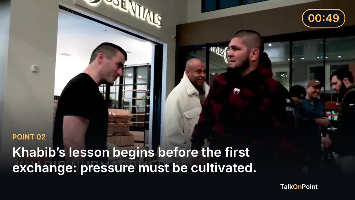 TalkOnPointApp's tweet photo. Khabib’s lesson begins before the first exchange: pressure must be cultivated.

The meeting between Lex Fridman and Khabib Nurmagomedov quickly becomes more than an introduction. Lex is welcomed by Khabib’s team, then placed in a training environment where the central lesson is experienced rather than explained: sustained grappling pressure changes both the body’s energy and the mind’s willingness to continue.

The source frames Khabib’s approach through continuous work with high-level partners. A grappler who can keep applying pressure denies the opponent an easy pause. Each moment demands another defensive decision, another effort to recover position and another attempt to avoid being worn down.

That creates a feedback loop. Partners capable of resisting force the attacker to refine control, timing and endurance. The pressure then becomes more difficult to escape, not because technique disappears, but because technique is connected to an unusually persistent effort. Lex’s account supplies the experiential side of that mechanism: he does not describe a single spectacular move so much as the cumulative effect of being unable to make the pressure stop.

This is why the training matters as a window into elite performance. Khabib’s style is presented as a system in which physical dominance and psychological strain reinforce each other. The opponent is not merely defending against positions; they are also resisting the temptation to quit when every exchange feels costly.

Can a fighter develop that kind of mental stamina without first training under sustained pressure?

Is relentless pressure primarily a technique, a conditioning method, or the result of both being trained together?

https://t.co/0zJ0bMSpLS

#KhabibNurmagomedov #LexFridman