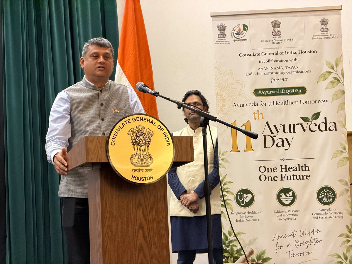 cgihou's tweet photo. 🌿 Celebrating the 11th Ayurveda Day – “Ayurveda for a Healthier Tomorrow” 🌿
The Consulate, together with the Ministry of Ayush, AAAP, NAMA, TAPAS, ISKCON Houston, and other diaspora organizations marked the 11th Ayurveda Day with a vibrant community celebration on 19 September 2026.

The program featured two focused panel discussions. The first panel, “Ayurveda for Community Wellbeing & Sustainable Living,” moderated by Mr. Sonal Gupta, brought together Vd. Sushma Jakkula, Vd. Anand Yadav, Vd. Dhanada Kulkarni, and Vd. Anu PK, who shared insights on lifestyle harmony, preventive care, and sustainable living through Ayurveda.

The second panel, “Integrating Ayurveda into Modern Healthcare for Better Health Outcomes,” moderated by Vd. Deepa Bhat, featured Dr. Rajashree Nambron, Dr. Suparna Chhiber, Vd. Meenakshi Gupta, and Vd. Sonal Gupta, highlighting collaborative approaches between Ayurveda and modern medicine.

An engaging interactive session led by Vd. Rajesh and Vd. Goral encouraged audience participation through an Ayurveda quiz and Q&A. Community members also benefited from personalized consultations and Prakriti analysis offered by leading practitioners including Vd. Anand Yadav, Dr. Sonal Gupta, Vd. Lakshmi Maliakkal, Vd. Meenakshi Gupta, Vd. Anu PK, Dr. Usha Devi, Vd. Dhanada Kulkarni, and Vd. Deepa Bhat.

A special address by Hanumat Presaka Swami added a profound spiritual dimension, connecting Ayurveda’s principles with holistic wellbeing.

In his remarks, the Consul General reaffirmed the Consulate’s commitment to promoting and propagating Ayurveda, Yoga, and India’s universal knowledge systems across the United States, and thanked all partner organizations, experts, and volunteers for their enthusiastic participation

#AyurvedaDay2026 #AyurvedaForAHealthierTomorrow #Ayush #IndianKnowledgeSystems #HolisticHealth #CommunityEngagement #CulturalDiplomacy #OneHealthOneFuture #ViksitBharat
