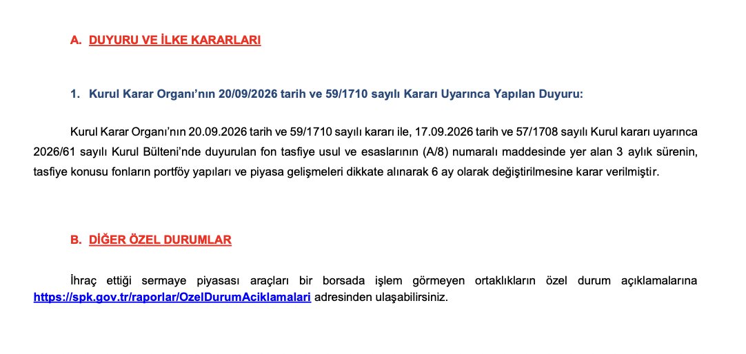 arzovaone's tweet photo. Sermaye Piyasası Kurulu'nun 20.09.2025 Tarih ve 2026/62 sayılı Duyurusu ile;

Fon tasfiye usul ve esaslarının (A/8) numaralı maddesinde yer alan 3 aylık sürenin, tasfiye konusu fonların portföy yapıları ve piyasa gelişmeleri dikkate alınarak 6 ay olarak değiştirilmesine karar verildi