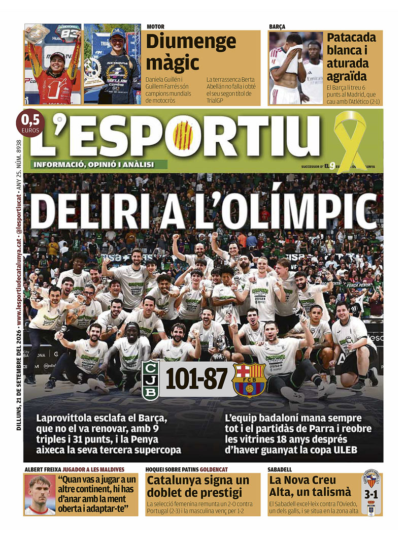 lesportiuCAT's tweet photo. DELIRI A L'OLÍMPIC, a la portada de @lesportiuCAT
@Penya1930 @FCBbasket @FCBarcelona_cat @CESabadell @FCPatinatge @bertaabellan21 @FCMotociclisme https://t.co/DZxWFMudBF