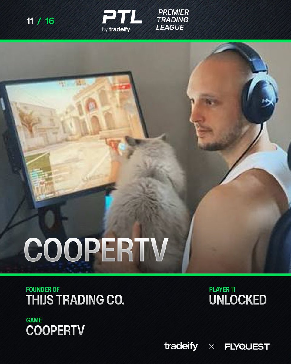 Tradeify's tweet photo. CEO reveal: @CooperTV is joining the league.

Man's spent years force buying with no money left and clutching 1v3s he had no business winning. 

Now he's gonna have to do it with a trading account instead of an AK  🔫.

Join his team for free in the PTL Open. https://t.co/MWbEyNkpvT