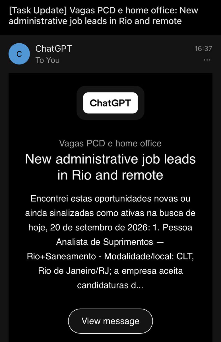 aazuleletrico's tweet photo. Amo fazer a IA trabalhar pra mim, mandei o chatgpt buscar as vagas que eu quero e vir todos os dias a notificação no meu e-mail 💋 https://t.co/bK52wKSmZq