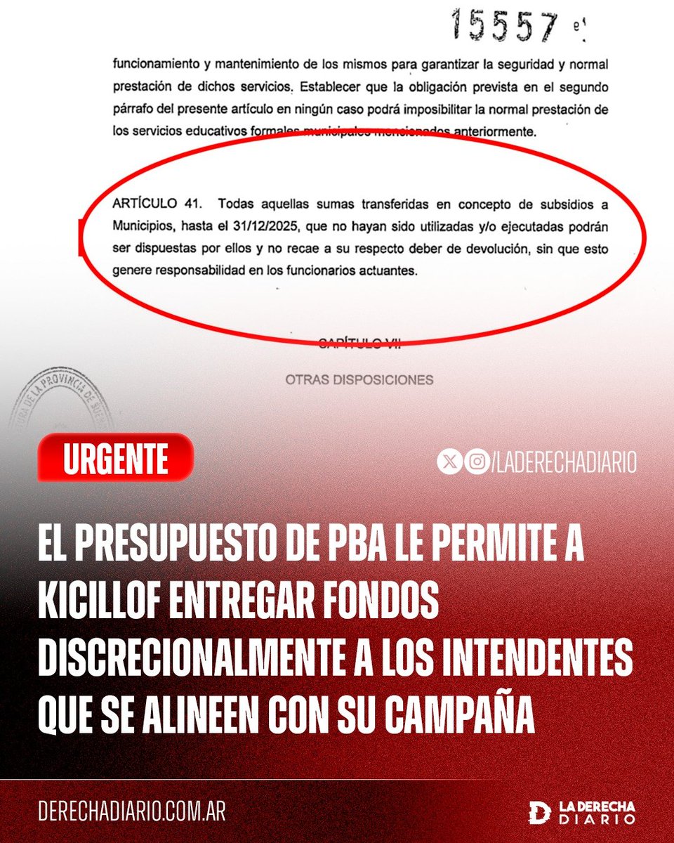 laderechadiario's tweet photo. 🚨🇦🇷 | ASÍ ROBAN LOS KUKAS: El presupuesto de Axel Kicillof le permite al gobernador entregar fondos discrecionalmente, a través de subsidios, a los intendentes alineados con él.

El mecanismo permite que los municipios soliciten dinero al Gobierno provincial mediante subsidios y, una vez transferidos los fondos, se queden con lo que no hayan utilizado o ejecutado, sin obligación de devolverlo. De esta forma, Kicillof puede destinar fondos discrecionalmente a los municipios que se alinean con él y con su campaña presidencial, y al mismo tiempo castigar a los que no lo hagan.
