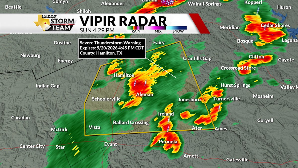 Sean_Pat_Ryan's tweet photo. A SEVERE THUNDERSTORM WARNING has been issued for Hamilton and Coryell until 4:45 pm. The main threat is wind gusts up to 60 mph. The storm continues to move east at 10 mph. Stay weather. Stay weather alert!
#FOX44WX https://t.co/wM1vSxNAjl