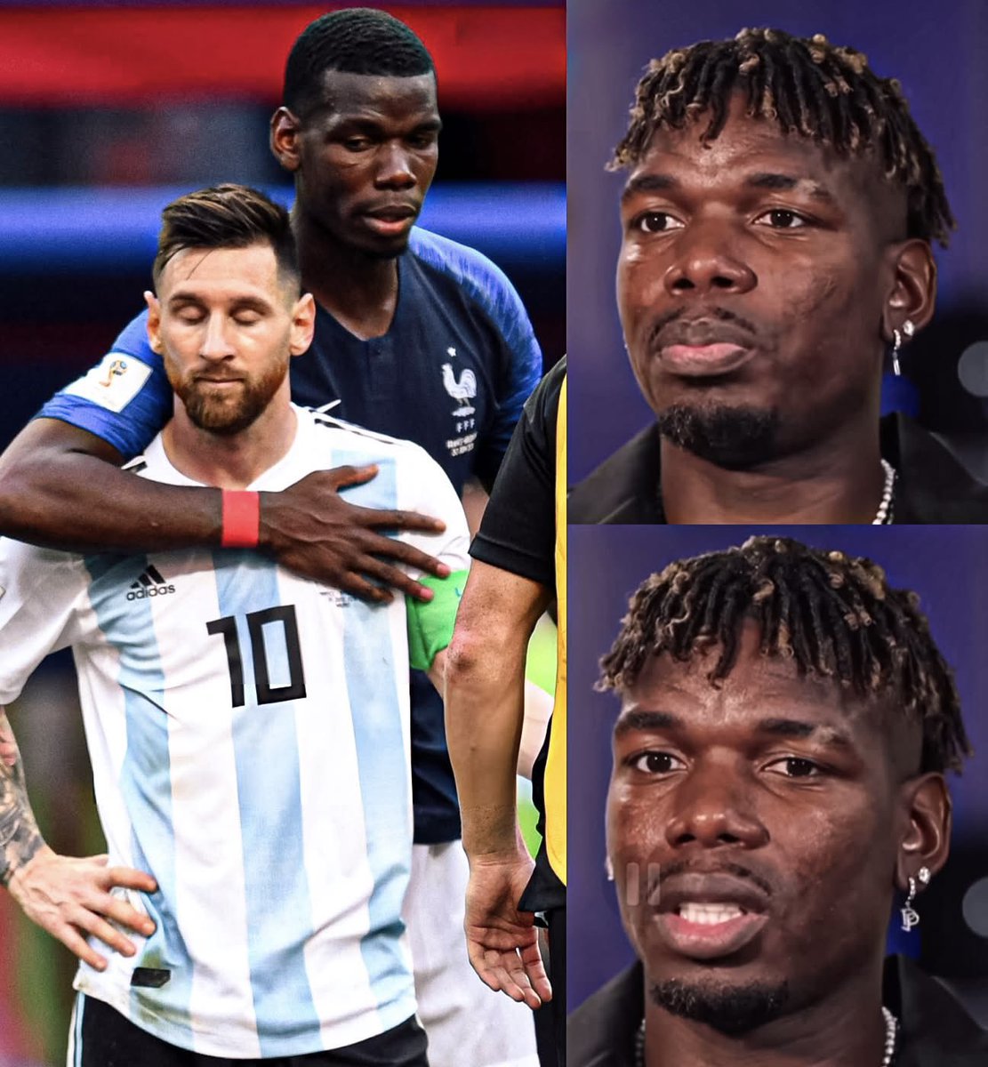 MotivacionesF's tweet photo. PAUL POGBA: "Nunca le pedí perdón a un jugador ni a una selección en mi vida hasta que le pedí perdón a Messi cuando los eliminamos en el Mundial 2018. Cuando terminó el partido, lo saludé y le dije 'lo siento'. Le pedí perdón porque no merecía perder. Perdió cuatro finales, se retiró y volvió llevándose a Argentina solo".

"No se merece esto, porque le dio mucho al fútbol y es el mejor que lo ha tocado. Que Messi gane el Mundial es algo muy normal y nada extraordinario. Se merece tres Mundiales, pero las circunstancias no le ayudaron. Es un jugador humilde y nunca admite que es el mejor. Por eso es el mejor jugador y lo respeto mucho".