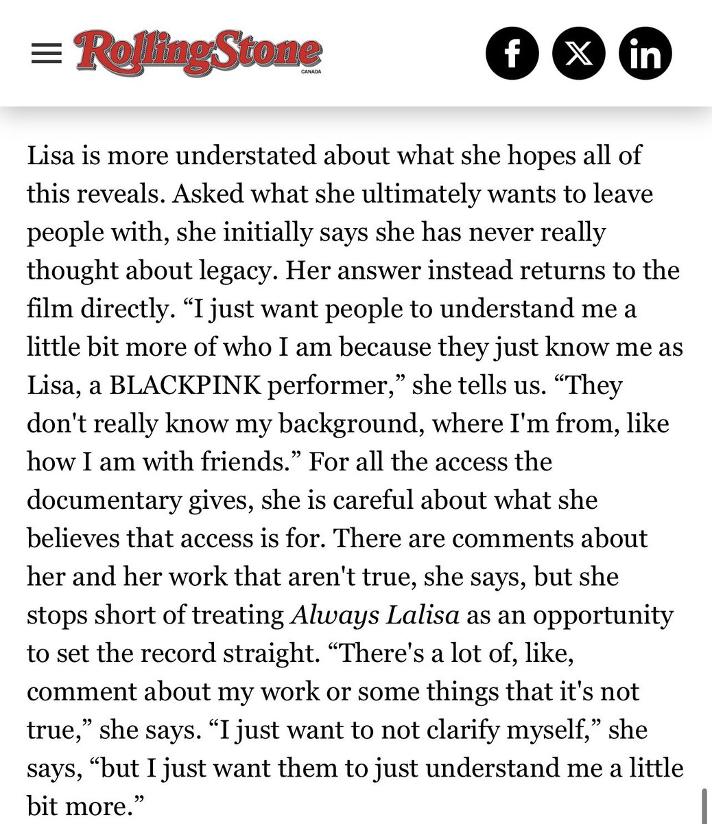 LaliceUpdates's tweet photo. via @RollingStone 🇨🇦

“…… There are comments about her (#LISA) and her work that aren't true, Kim says, but she stops short of treating #AlwaysLalisa as an opportunity to set the record straight. ‘There's a lot of, like, comment about my work or some things that it's not true,’ she says. ‘i just want to not clarify myself,’ she says, ‘but I just want them to just understand me a little bit more….”

🔗 https://t.co/OXTI5Fz53e

@wearelloud