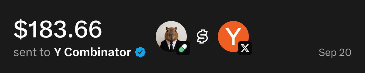 UsePaid's tweet photo. @ycombinator $183.66 has been sent to you through X Money from @UsePaid trading fees https://t.co/lS594P7QKg