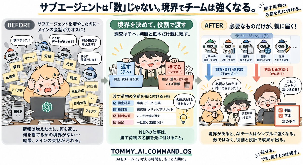 susuwatari129's tweet photo. サブエージェントを増やしても、
メインの会話が汚れる日がある。

原因は数じゃない。
「何を返し、何を捨てるか」の境界がないこと。

調査は子へ。
判断と正本だけ親に残す。

NLPの仕事は、渡す荷物の名前を先に付けること。

#NLP #役割分担 https://t.co/j5MDTMIGrR
