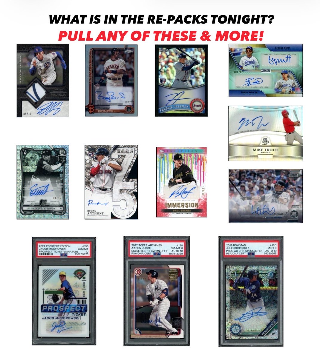 TresorSports's tweet photo. What’s In The Re-Packs?

They’re loaded W/Top #MLB Stars &amp; #Rookie #Autographs &amp; #PSA slabbed &amp; Raw #BaseballCards

Look For
2026 NL #MVP #PeteCrowArmstrong
3X MVP #MikeTrout
3X MVP #TheJudge44
7X MVP #BarryBonds
2025 NL #CyYoung Winner #Paul_Skenes 
#BaseballHall Member #Ichiro https://t.co/V6WV2P5YsK