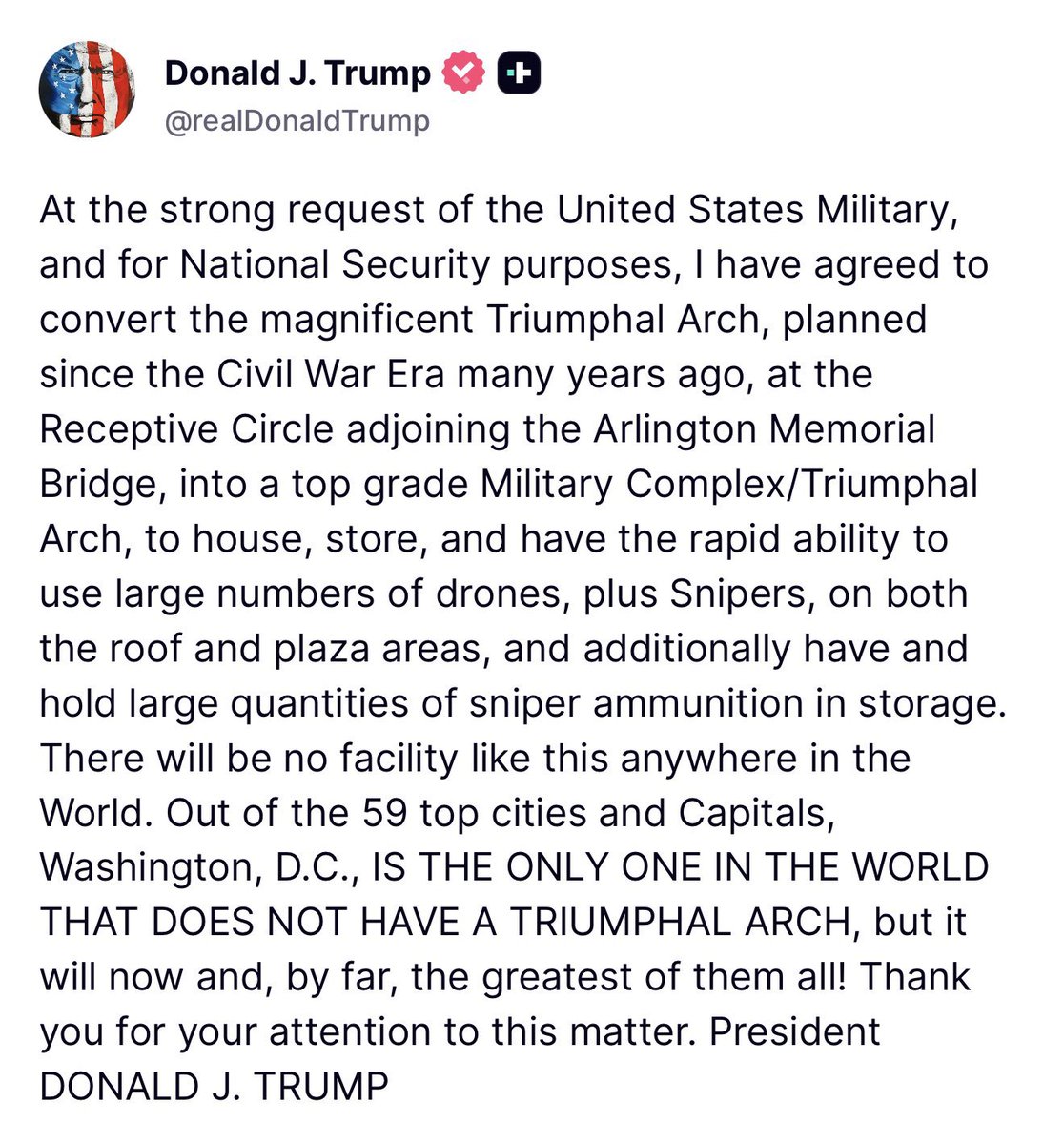 WarClandestine's tweet photo. Interesting 🤔

Trump now reveals that the Triumphal Arch is actually going to be a military installation with drone defense.

Just like the White House construction, it was a military operation the entire time. The US MIL continue to quietly secure DC. 

Noticing. https://t.co/O3DxSnfaOW