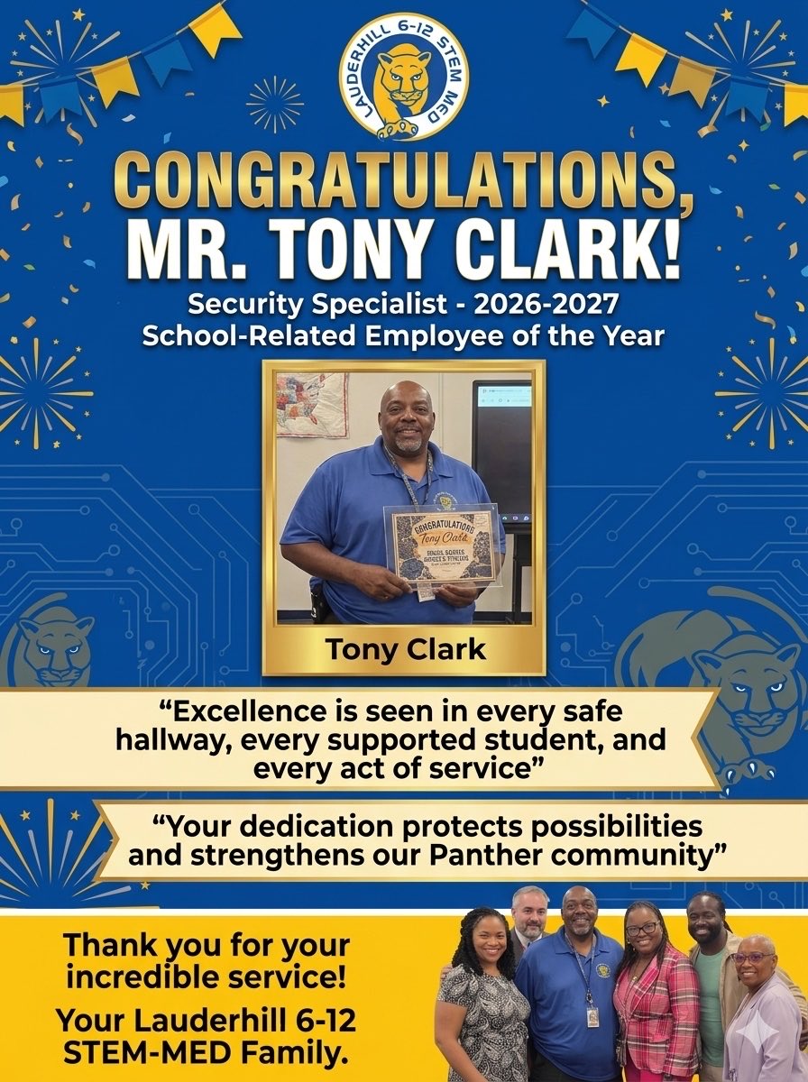 kkalimaxwell's tweet photo. 🚨Safety, dedication, and heart!🌟Huge congratulations to @lauderhill6_12 Security Specialist, Mr. Tony Clark, for being named School-Related Employee of the Year! Thank you for keeping our campus safe, looking out for students, and being an essential part of our school family🎉 https://t.co/D8qUgnXPTe
