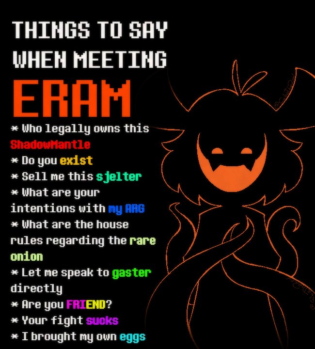 CubeThe2nd's tweet photo. Things to say when meeting eram
#DELTARUNE #ERAM https://t.co/1DkaQHWvkm