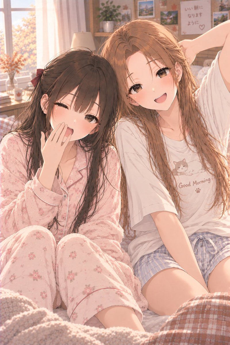ma_bo_ha_ru's tweet photo. #おはりあちか

梨亜「……おはよう。今日もいいお天気だね。」
千佳「秋晴れの一日になりますように！」

#りあちか #AIイラスト https://t.co/aIBYCyoNtp