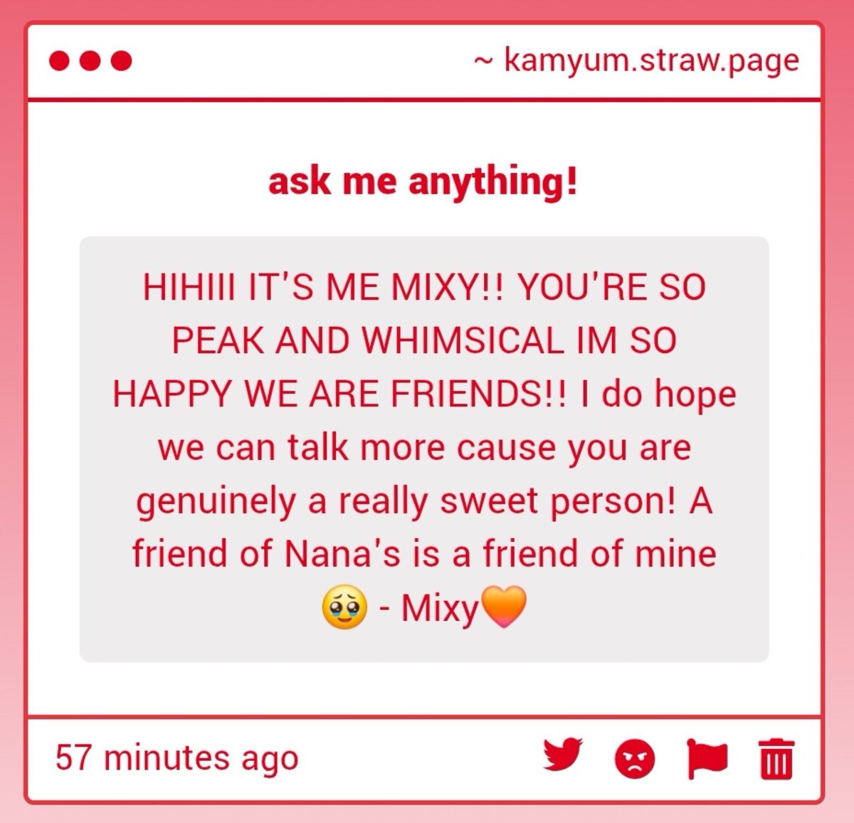 kamoyum's tweet photo. WWW MIXY THIS IS SO SWEET!!!! ur honestly jst such a nice person and im rlly happy we got to be friends!!! YOURE SO PEAK TOO!! https://t.co/NjGcPZyuaO