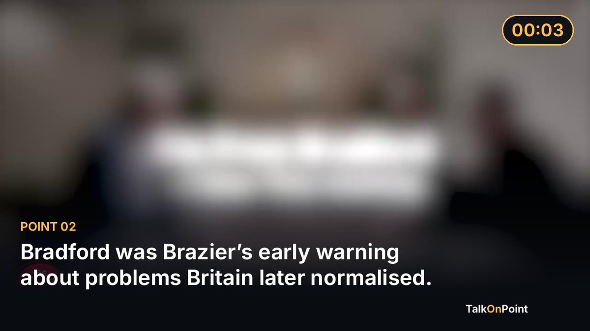 TalkOnPointApp's tweet photo. Bradford was Brazier’s early warning about problems Britain later normalised.

Colin Brazier says his experience of Bradford gave him an “early warning” about Britain’s social direction. He describes the city as massively segregated and argues that the British state tolerated problems it should have confronted.

That experience anchors a broader chain of reasoning. Segregation can weaken everyday contact between groups. Institutional hesitation can then leave tensions unresolved. When public discussion becomes constrained, people may conclude that official language is more important than the underlying problem.

Brazier extends this criticism to the media. He argues that mainstream outlets have become more ideologically aligned and less connected to the concerns of their wider audiences. In his view, professional incentives can reward agreement with peers or elites rather than reporting that tests comfortable assumptions.

He also places class and identity inside the same picture. Changes in language, accent and social position can become markers of belonging. Someone attempting to move between classes may face suspicion, suggesting that Britain’s divisions are not only ethnic or political but also social and cultural.

Finally, Brazier links these tensions to demographic decline. Falling fertility, reluctance to have children and reliance on immigration raise questions about continuity and shared obligation. His conclusion is conditional: unless Britain addresses segregation, institutional trust, class barriers and family formation together, instability may deepen.

The alternative possibilities matter. Better integration, more responsive media and policies that reduce pressure on families could weaken his forecast. The warning is therefore less a prediction than a demand to examine the connections.

Which matters most for social cohesion: integration, media trust, class mobility or family policy?

https://t.co/Xpn4YSD6Kz

#Triggernometry #ColinBrazier #Bradford
