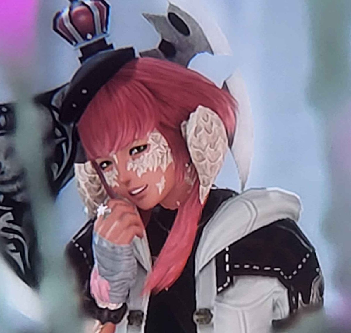 cantoseven's tweet photo. pink with green accents, the hime bangs and long sidebangs(?) 
noemi grows their hair out throughout the expansions but i still wanted to keep their bangs and sidebangs.. integral to their design i think https://t.co/HpWbjxzPGc