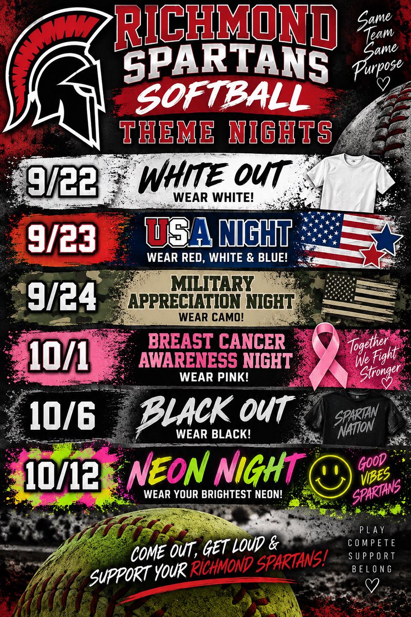 SpartansSoftbal's tweet photo. Theme nights for the rest of our home games!! Come out and support! @Rise_Above_RXVI https://t.co/ZnR1zKW9u4