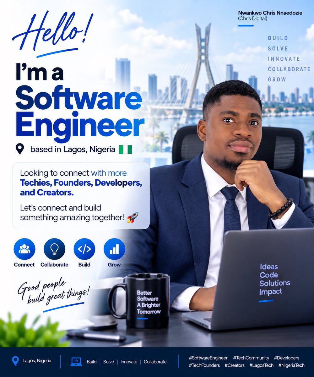 chrisdigitalai's tweet photo. Hello! I'm a Software Engineer based in Lagos, Nigeria 🇳🇬

Looking to connect with more techies, founders, developers, and creators. 

Let's connect, collaborate, and build something amazing together! 

#SoftwareEngineer #TechCommunity #Developers #TechFounders #Creators
#Lagos https://t.co/Z2hXby2MaM