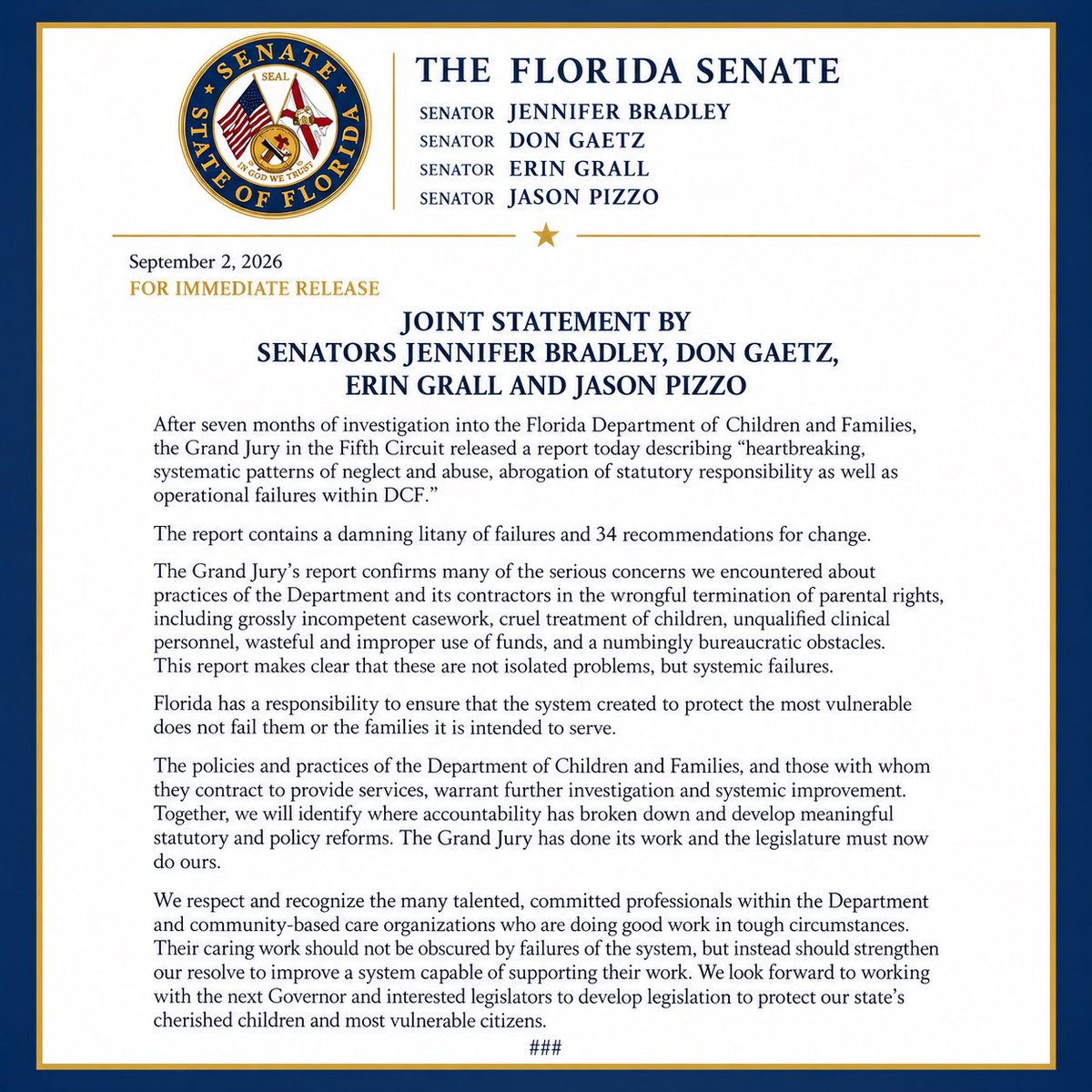 FLParentsRights's tweet photo. Parental Rights Florida supports Senators @jenn_bradley, Don Gaetz, @ErinGrall , and @senpizzo in their efforts to bring meaningful reform and accountability to Florida’s Department of Children and Families in the upcoming Florida legislative session. 

See full statements. https://t.co/UFLATX4le2
