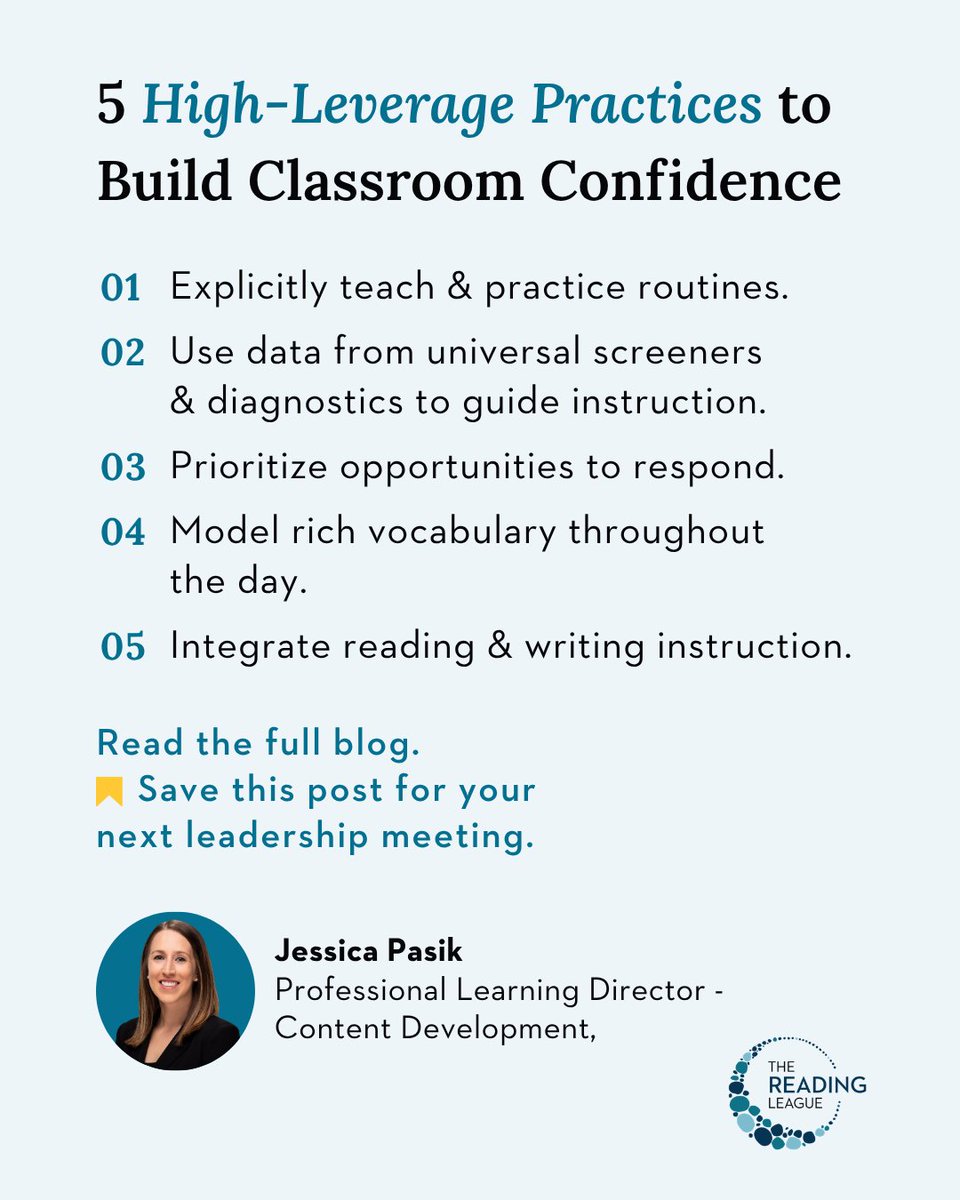 5 High-Leverage Practices to Build Classroom Confidence
1. Explicitly teach & practice routines.
2. Use data from universal screeners
& diagnostics to guide instruction.
3. Prioritize opportunities to respond.
4. Model rich vocabulary throughout
the day.
5. Integrate reading & writing instruction.
Read the full blog.
Save this post for your next leadership meeting.