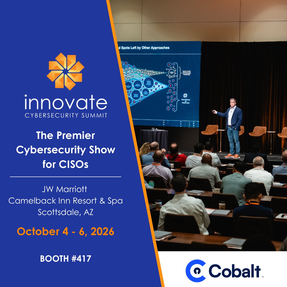 cobalt_io's tweet photo. Heading to Scottsdale for Innovate Cybersecurity Summit, Oct 4 to 6! Meet Cobalt at booth #417 to explore continuous offensive security and rapid pentesting. Details: https://t.co/lESxGyZXPY #cybersecurity #pentesting #infosec https://t.co/4KU3Sxt4gn