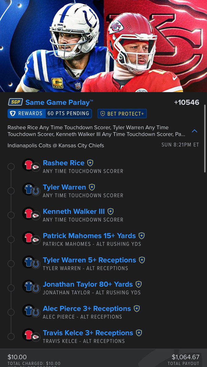 MLBNFLDiva's tweet photo. 🚨 WEEK 2 PRIME TIME PARLAY 🚨

💥 $10 Wins $1,054
💥 CHIEFS vs COLTS 100-1 
💥 Sunday Night Football

@GamblyBot https://t.co/z2q71vCwkW