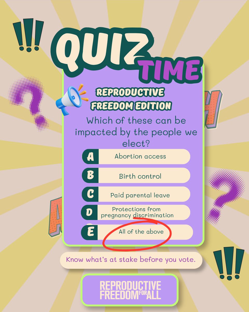 Quiz poster titled "Reproductive Freedom Edition," asks which of five listed options, including abortion access and paid parental leave, can be impacted by elected officials. The circled answer is "All of the above." The poster encourages consideration of what's at stake before voting.