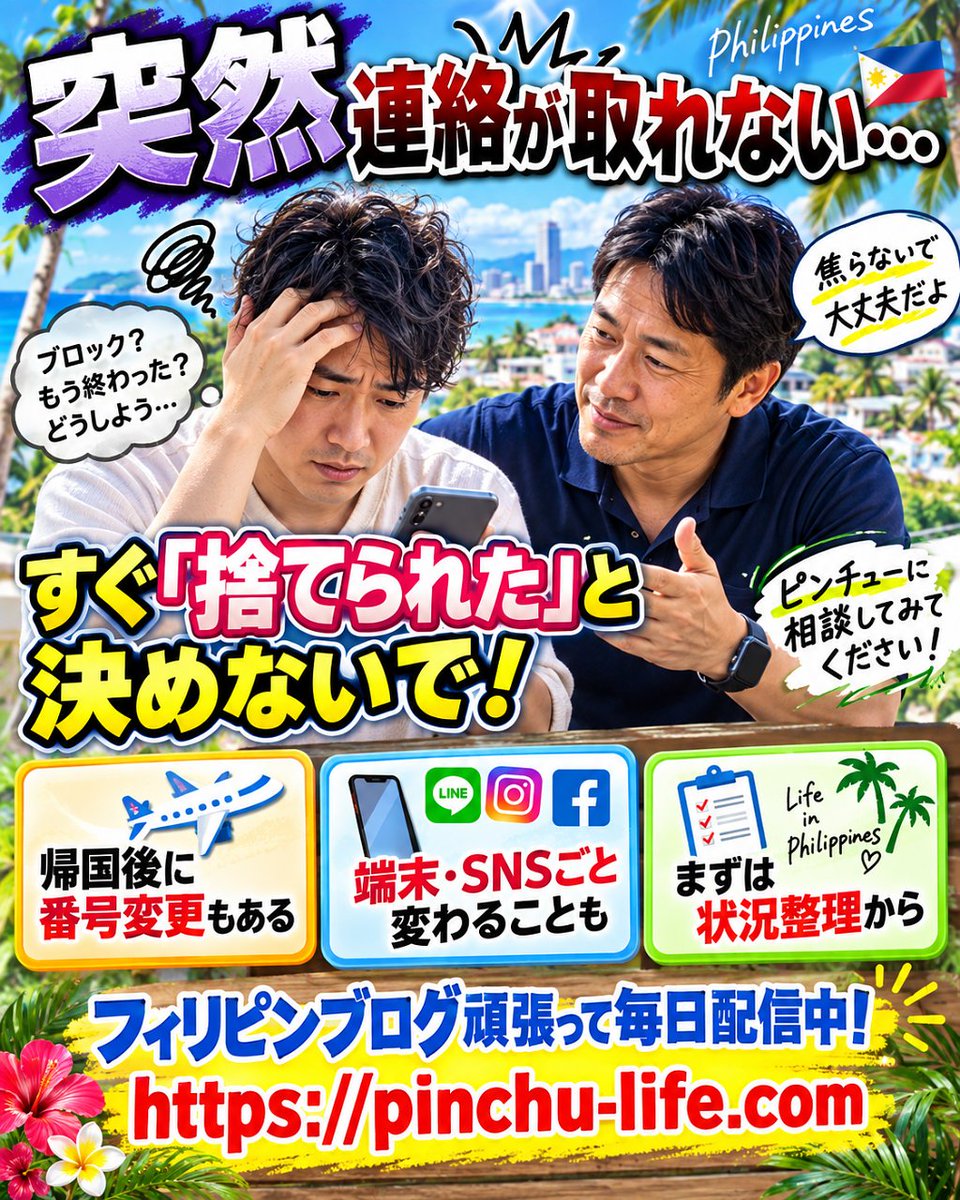 PinchuJapan's tweet photo. フィリピンへ帰国した妻や彼女と突然連絡が取れなくなったとき、「捨てられた」と決めつける前に一度立ち止まって。帰国後に電話番号や端末を変えるケースは珍しくなく、SNSアカウントごと変わっていることも。まずは状況を整理。ここはぜひアニキに相談してみてください。
#フィリピン#人探し https://t.co/yLVxLCR9ut