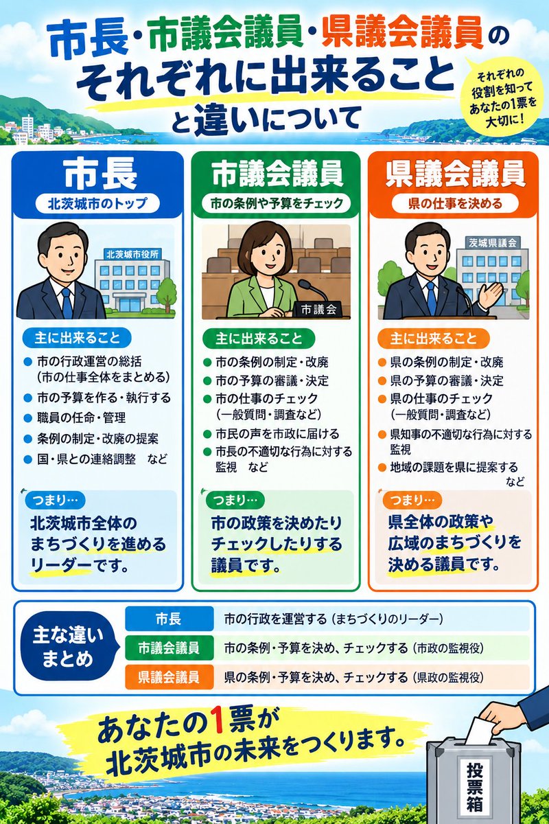 dgjm098's tweet photo. 北茨城市長選挙において、各候補が市長と議員の立場の違いを述べているため、まとめてみました。以外と違いについて、誤解している方も多くいます。

 #北茨城市
 #北茨城市長
 #北茨城市長選
 #選挙に行こう https://t.co/nbgH2OxxQ6