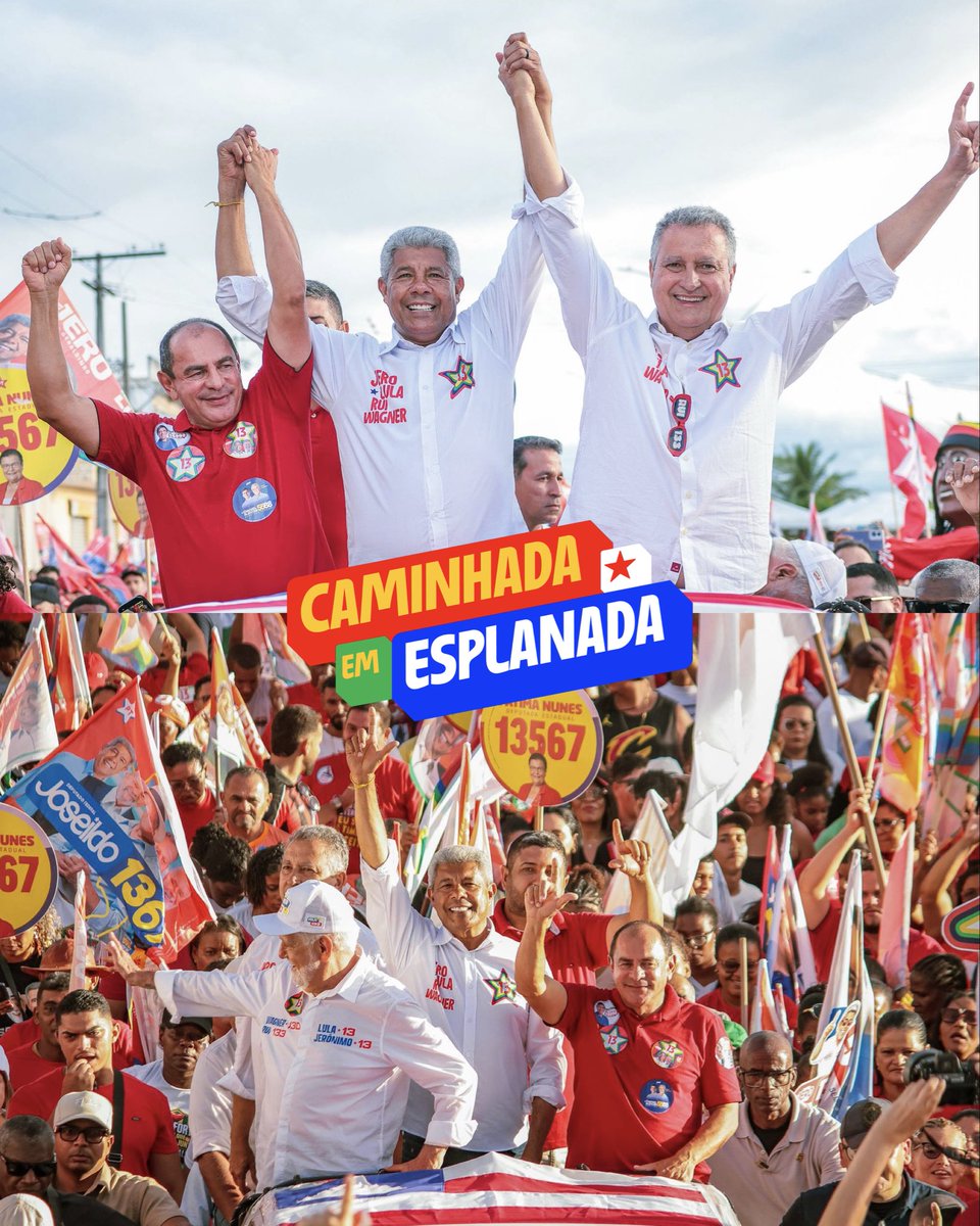 Jeronimoba13's tweet photo. Nossa estrela brilhou forte em Esplanada!
A tarde foi de caminhada, com muita gente nas ruas para receber o Time de Lula e mostrar a força do 13. Obrigado por colar com a gente, Esplanada!🫶🏾⭐
#timedelula #jero13 #wagner130 #rui133 #lula13
📸 Marco Ximenes | Daniel Pujol | Thassio Ramos | Evertton Pacheco
__________
Propaganda eleitoral - Coligação Mais Bahia, Mais Brasil - Federação Brasil da Esperança – FE Brasil (PT / PCdoB / PV), PDT, MDB, PSB, PSD e AVANTE - CNPJ 68.345.373/0001-38