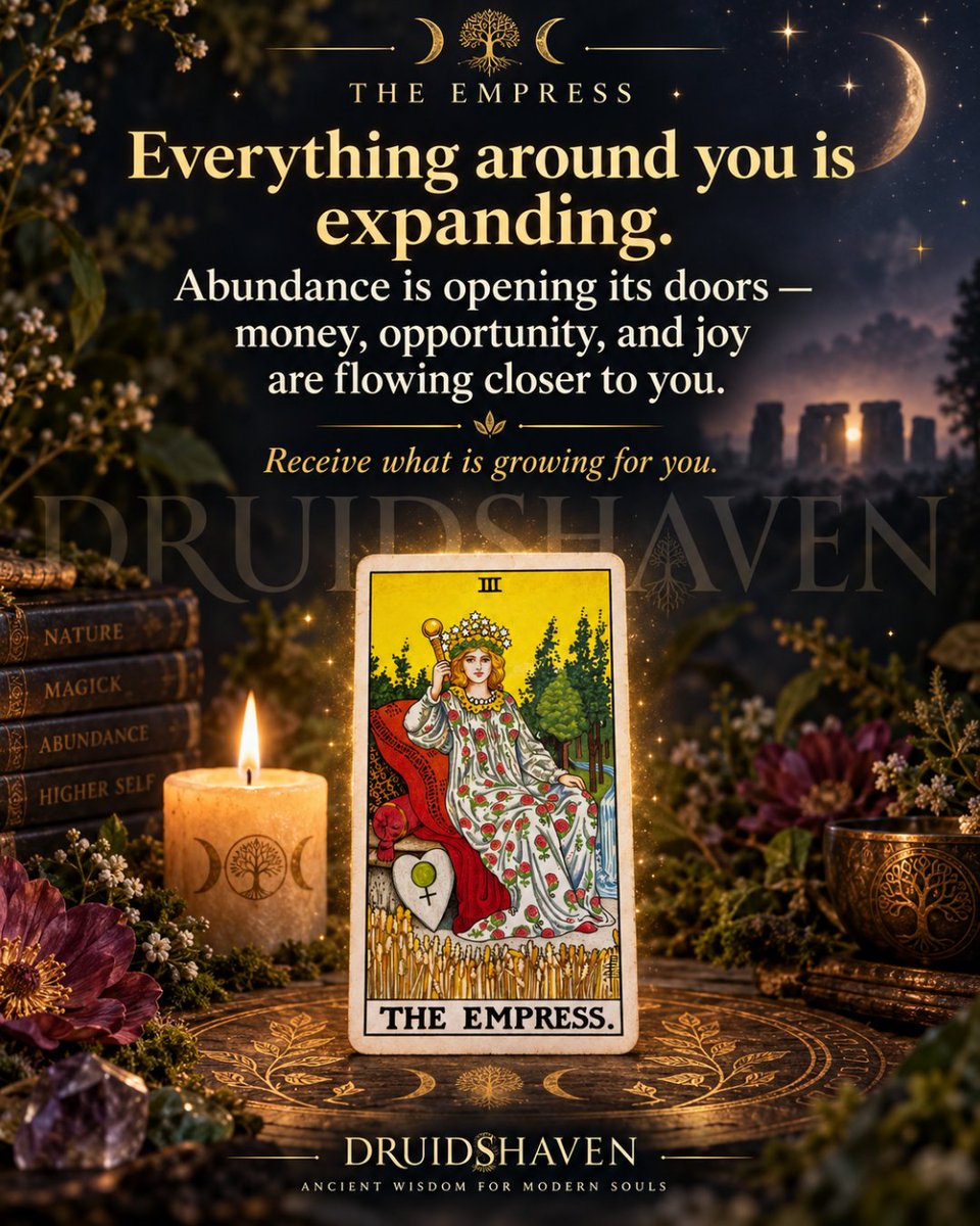 Druidshaven's tweet photo. The Empress does not chase abundance.
She nurtures what is already beginning to grow. 🌿
Creativity. Opportunity. Confidence. Prosperity. Joy.
Receive what is growing for you.
#Tarot #TheEmpress https://t.co/a5xMMbn5wE