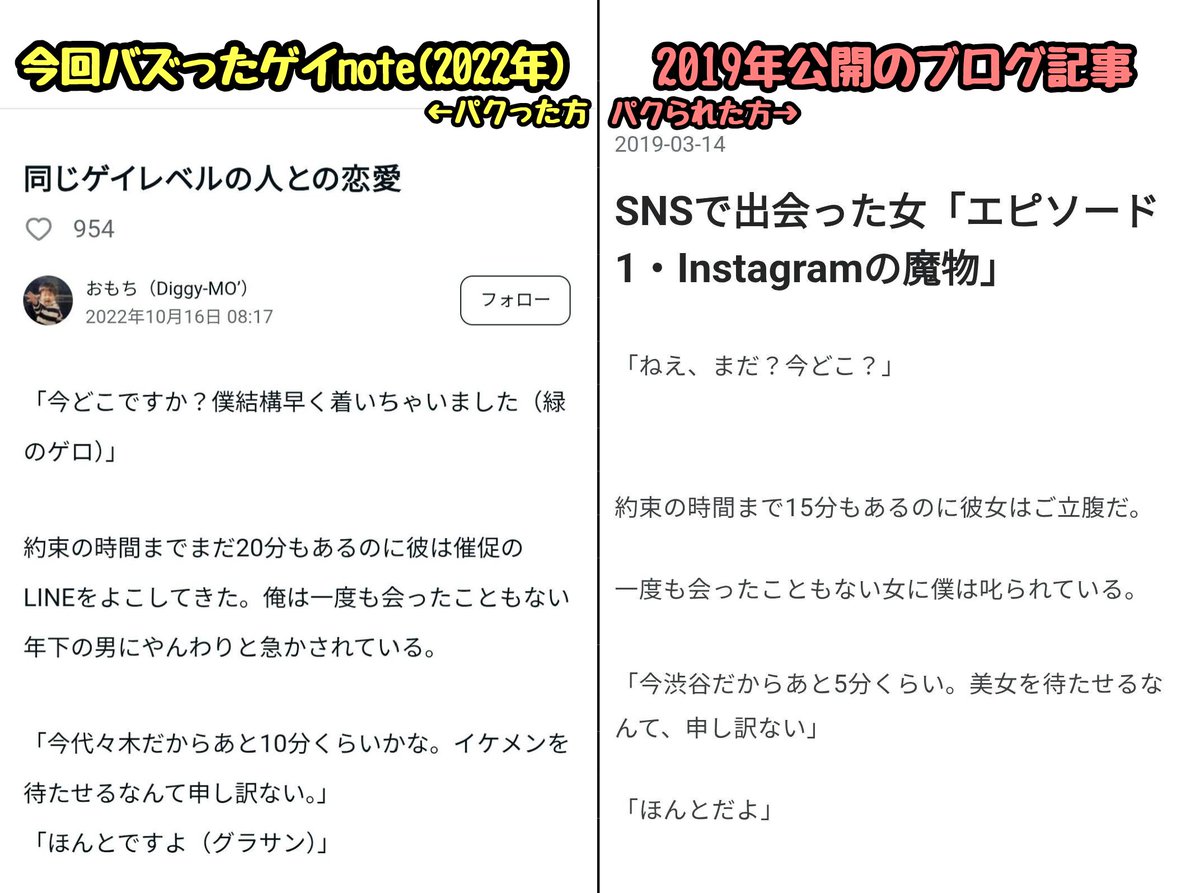 tkzwgrs's tweet photo. 【謝罪】先日紹介した「謎にスルスル読めてしまうゲイnote」ですが、2019年に公開された“男女の話”が“男男の話”に無断改編された盗作でした

盗作を紹介して申し訳ございません

■パクった方
https://t.co/oRDOmmvkpM
(作者:https://t.co/q8XCFf723a)

■パクられた方
https://t.co/pKDJB5EXDM https://t.co/hVui3BF6OQ