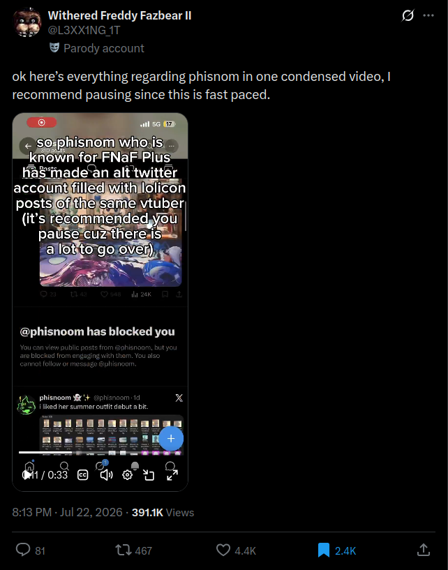 L3XX1NG_1T's tweet photo. "I already got cancelled you can't do it twice bitch" whoops, my bad.

survive my 5 nights. https://t.co/GXRcvoDyDf
