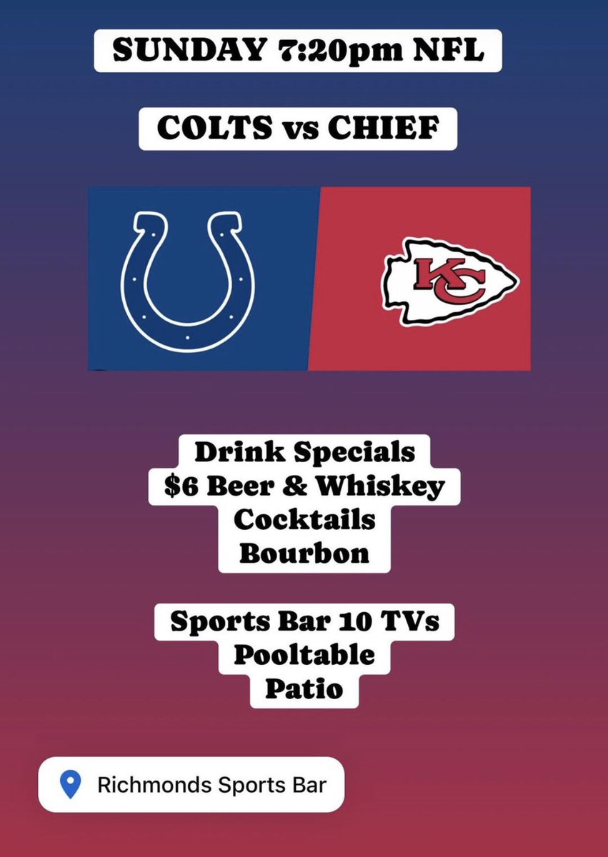 GrandnRichmond's tweet photo. #SundayNightFootball 7:20pm #NFL

 #Colts vs #Chiefs 

#DrinkSpecials $6 #Beer &amp; #Whiskey #Cocktails #Bourbon #OldFashioned #Manhattan #VodkaTonic 

#SportsBar 10 TVs #Pooltable #Patio #HumboldtPark #WestTown #Chicago #RiotFestParty @GrandnRichmond https://t.co/Dzp2ZdB840