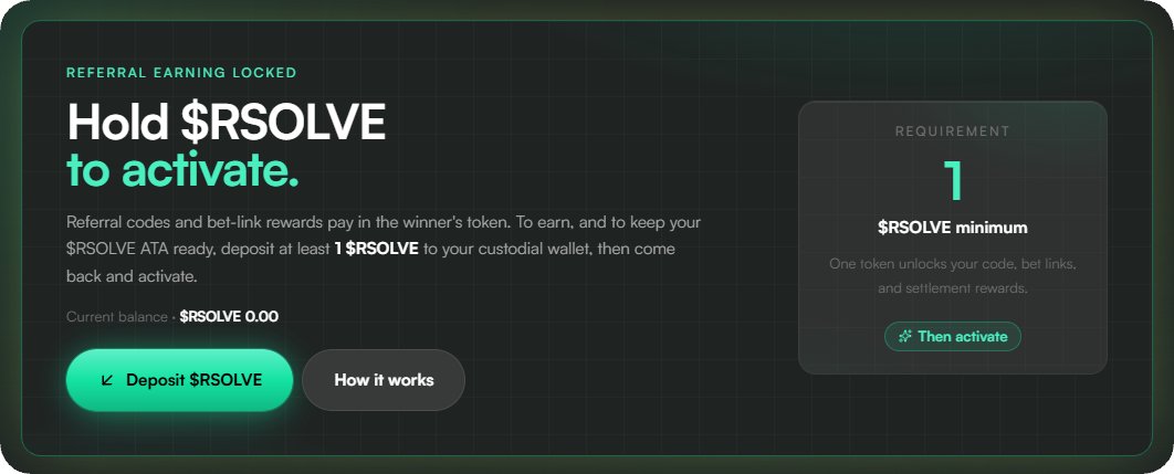 rsolvefun's tweet photo. The social flywheel:  

You don't have to create a bet to earn on rsolve.  

See a bet you think people will take?  

Share it.  

Every bet on rsolve has a unique referral link. Share someone else's bet on X, in a group chat, or with your community.

If someone takes the bet through your link, you earn a cut.

The bettor gets their action.
The creator gets their bet filled. 
You get rewarded for bringing them together.  

Find bets. Share them. Earn.