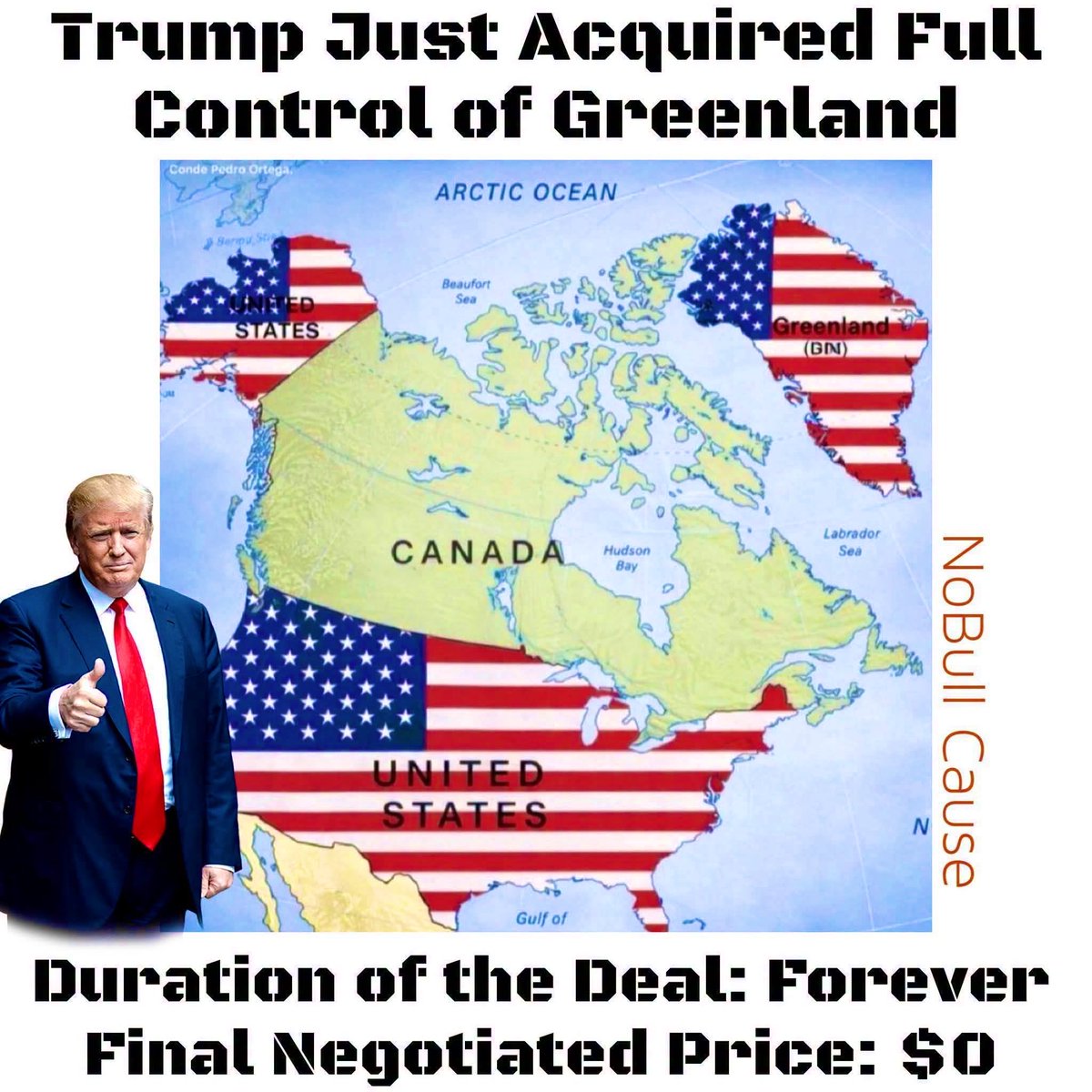 TheRealSantino's tweet photo. President Trump just acquired the full control of Greenland for a nominal fee of $0.00 but guess who’s next? https://t.co/W9QabRvFMS
