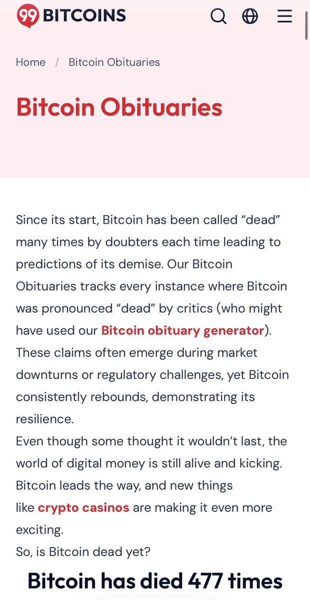 rbangzz_'s tweet photo. “Bitcoin has died 477 times”
Yet, it still lives on. 
People doubted Bitcoin can be a future currency. Since it’s price at $0.23! Even now, after Bitcoin has done so well, people don’t start to believe.
This is the reason why you shouldn’t listen to others. Make up your own mind. https://t.co/1jEAjp6u6k
