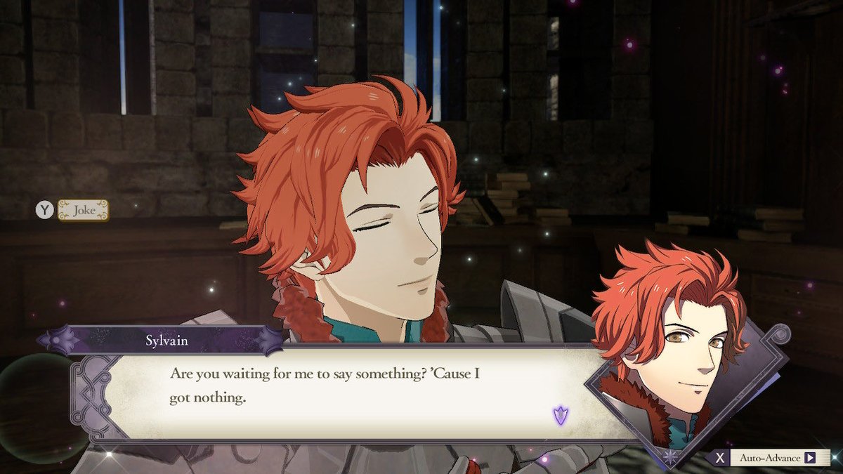 dryltt3's tweet photo. sad that spamming chirp or w/e during bird time doesn't get u more dialogue. if characters didn't interrupt byleth staring bug-eyed at them during teatime you'd never learn that felix hates eye contact or dimitri finds smiling difficult. youd never hear sylvain say shit like this https://t.co/XpqauplHZa