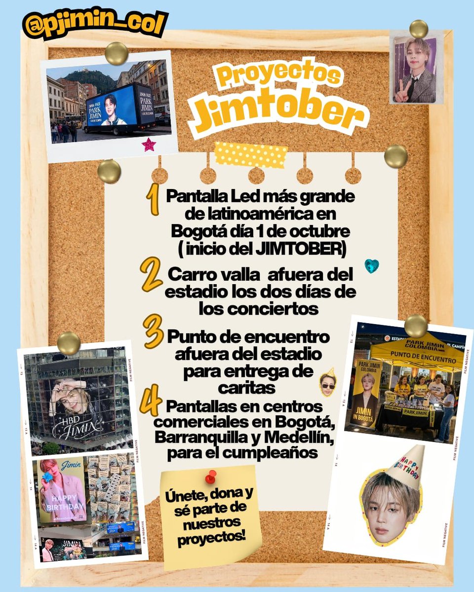 PJiminColombia's tweet photo. 🇨🇴 ¡Proyectos de Jimtober en Colombia 100% confirmados y listos! 

🌟🗓️ 1 de Octubre: Gran pantalla LED en Bogotá

✨🏟️Días de concierto: Carro valla y punto de encuentro (entrega de caritas) afuera del estadio

#Jimtoberfestcolombia2026 
#jimtoberenbogotá 
#ElCampínLeCantaAJimin https://t.co/K06Nh3H46z