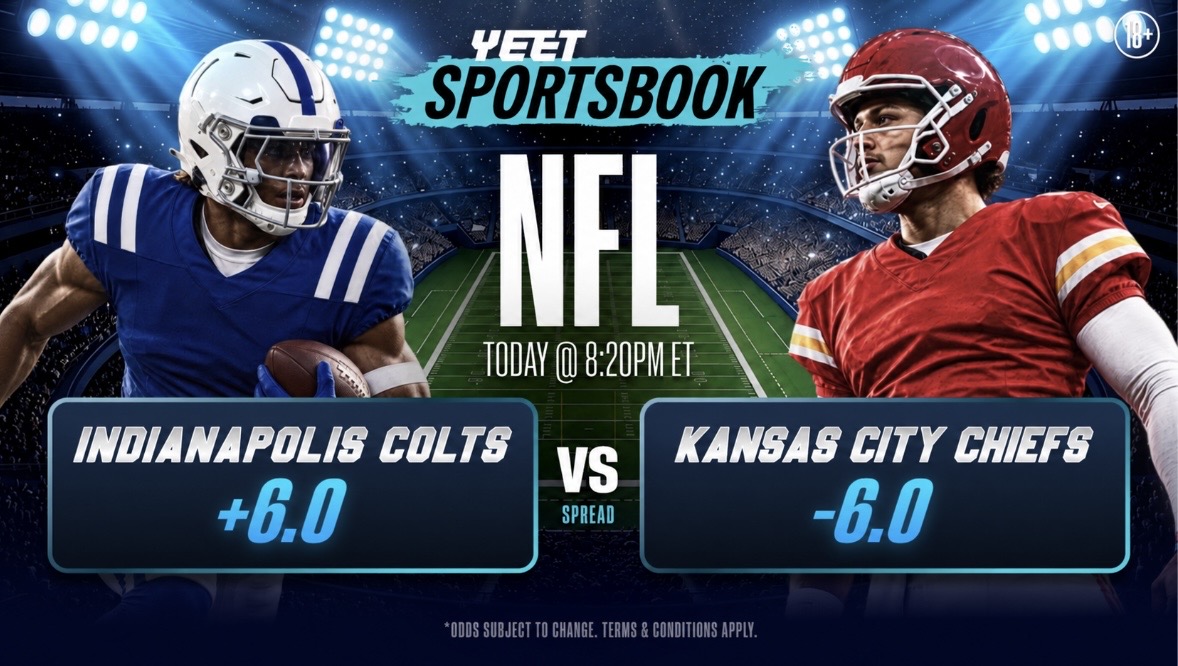 yeetsportsbook's tweet photo. The Kansas City Chiefs are hosting the Indianapolis Colts for Sunday night football  

Last time these teams met, Patrick Mahomes rallied a late comeback, forced overtime, and won it for Kansas City

Do we have another overtime thriller tonight? https://t.co/awJjXOHiBO https://t.co/xIN6tAP5LT