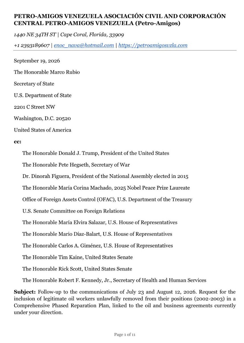 petroamigosvzla's tweet photo. CC / also submitted to:

@POTUS @realDonaldTrump
@PeteHegseth
@Dinorahfiguera
@MariaCorinaYA
@USTreasury
@SenateForeign
@RepMariaSalazar @MarioDB @RepCarlos
@SenTimKaine @SenRickScott
@SecKennedy
@StateDept

Link to the full letter (PDF):
https://t.co/IHOf6yoIZH

We request:
1) official point of contact
2) working session with Petro-Amigos
3) evaluation of a verified trust for historical labor obligations