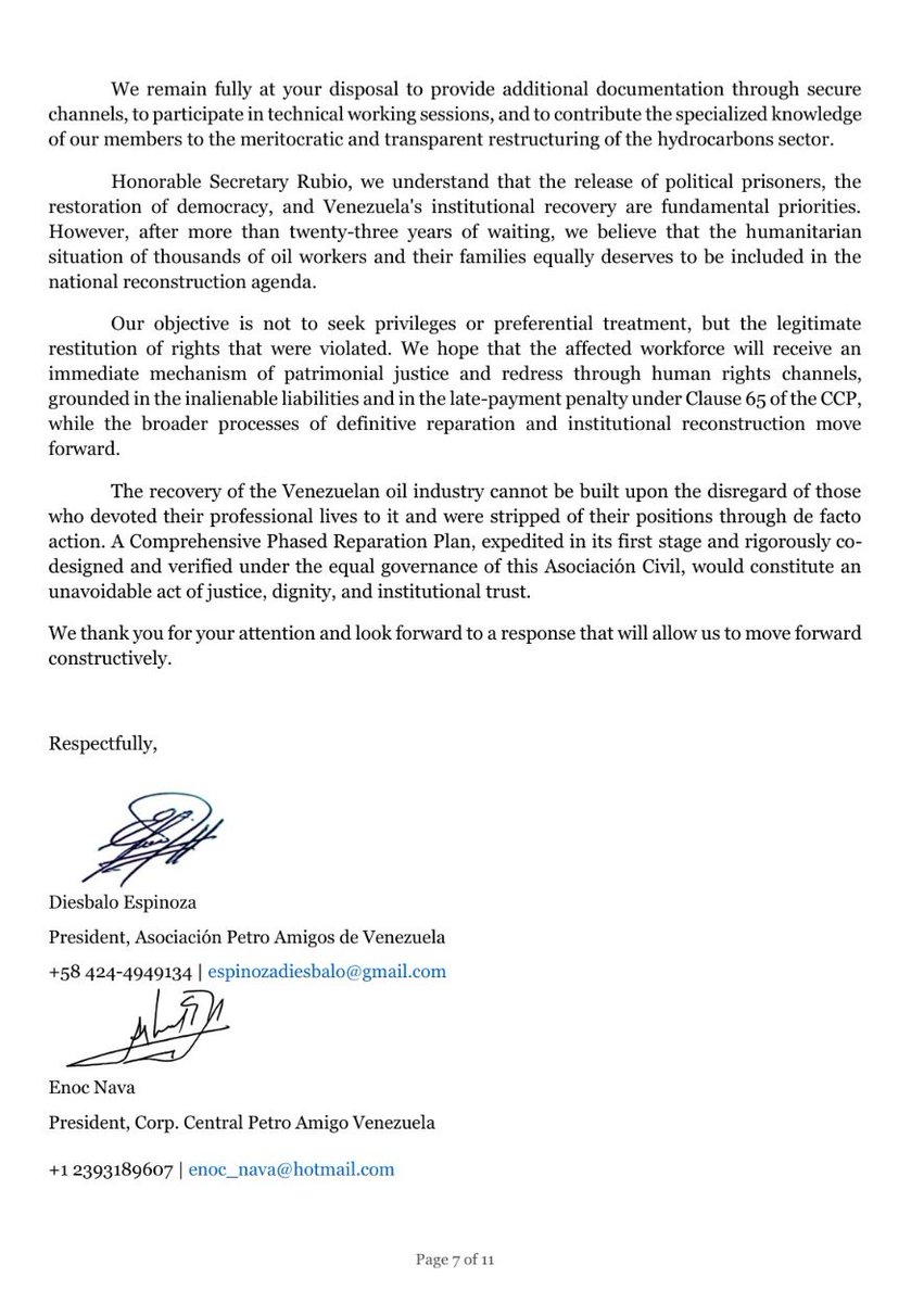 petroamigosvzla's tweet photo. CC / also submitted to:

@POTUS @realDonaldTrump
@PeteHegseth
@Dinorahfiguera
@MariaCorinaYA
@USTreasury
@SenateForeign
@RepMariaSalazar @MarioDB @RepCarlos
@SenTimKaine @SenRickScott
@SecKennedy
@StateDept

Link to the full letter (PDF):
https://t.co/IHOf6yoIZH

We request:
1) official point of contact
2) working session with Petro-Amigos
3) evaluation of a verified trust for historical labor obligations