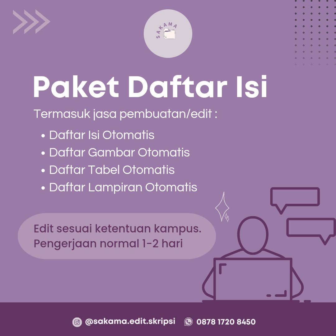 sakamaedit's tweet photo. Selamat siang yuk yang mau edit laporan skripsi tesis proposal bisa banget :
✒️Edit merapikan format sesuai panduan kampus
✒️Edit Daftar Isi, Tabel, Gambar, Lampiran
✒️Bikin CV
✒️Koreksi Typo
✒️Dll

Chat aja yaa
https://t.co/heKJR0Qq6v
#zonauang https://t.co/EG0YAywQGk