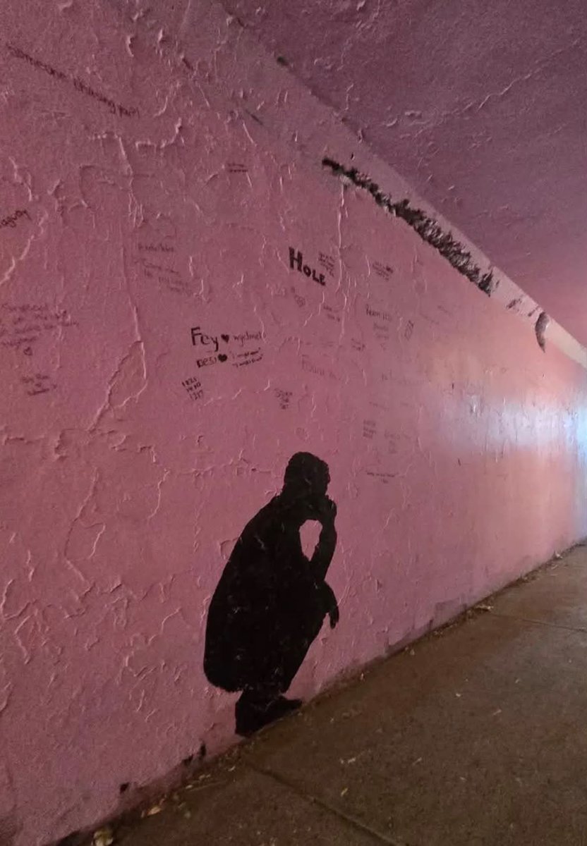 hudsonconnorupd's tweet photo. The Heated Rivalry pink tunnel has once again been filled with messages from fans, and someone drew Connor Storrie’s silhouette as Ilya Rozanov from the iconic scene where he delivers his Russian monologue in the same tunnel.🥹💗 https://t.co/bWTGePq9t0