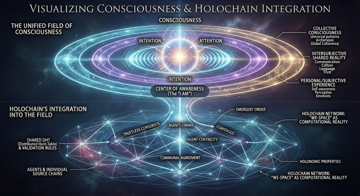 CosmosKrypto's tweet photo. Consciousness Field: Expands from "I AM" outward into personal, shared, and collective layers.
Holochain Integration: Mirrors this digitally, connecting agent chains via a distributed hash table to form a computational "We-Space".
#consciousness #p2p #holochain https://t.co/4yO7KI5ZcQ