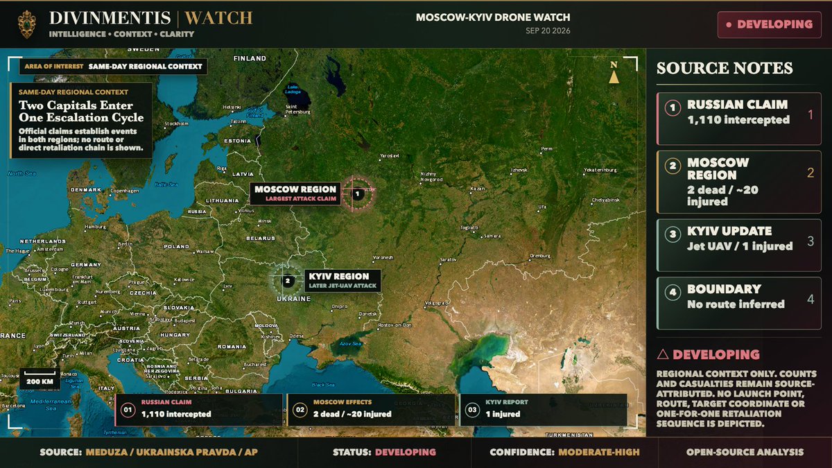 Divinmentis's tweet photo. Russia claims it intercepted 1,110 Ukrainian drones overnight. Moscow's mayor called it the capital's largest attack yet. Zelensky confirmed deep strikes using drones and Flamingo missiles. The interception total is an official claim. #Ukraine #Russia #DroneWarfare #OSINT https://t.co/cf0SYDioCW