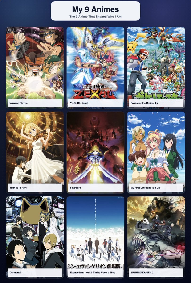 SoleBuddylius's tweet photo. i made this list thing for anime that made me the person i am i guess.
i have strong moments with every one of these.

link if anyone else wants to also do it
https://t.co/7AcAyZ0Y2G https://t.co/wxfV9VrRGK